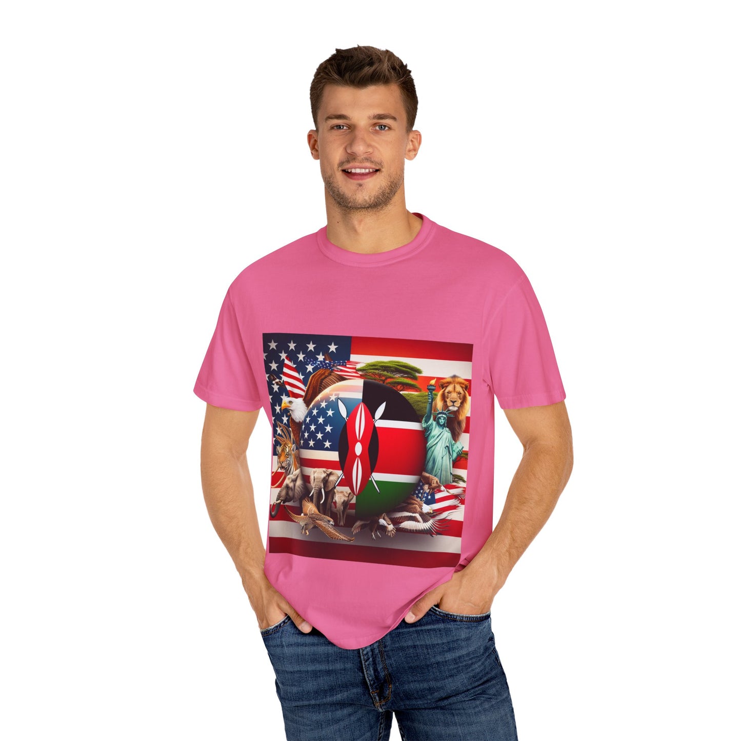 Kenya & USA Collage T-Shirt - Unisex Garment-Dyed Tee, Unique Animal & Flag Design