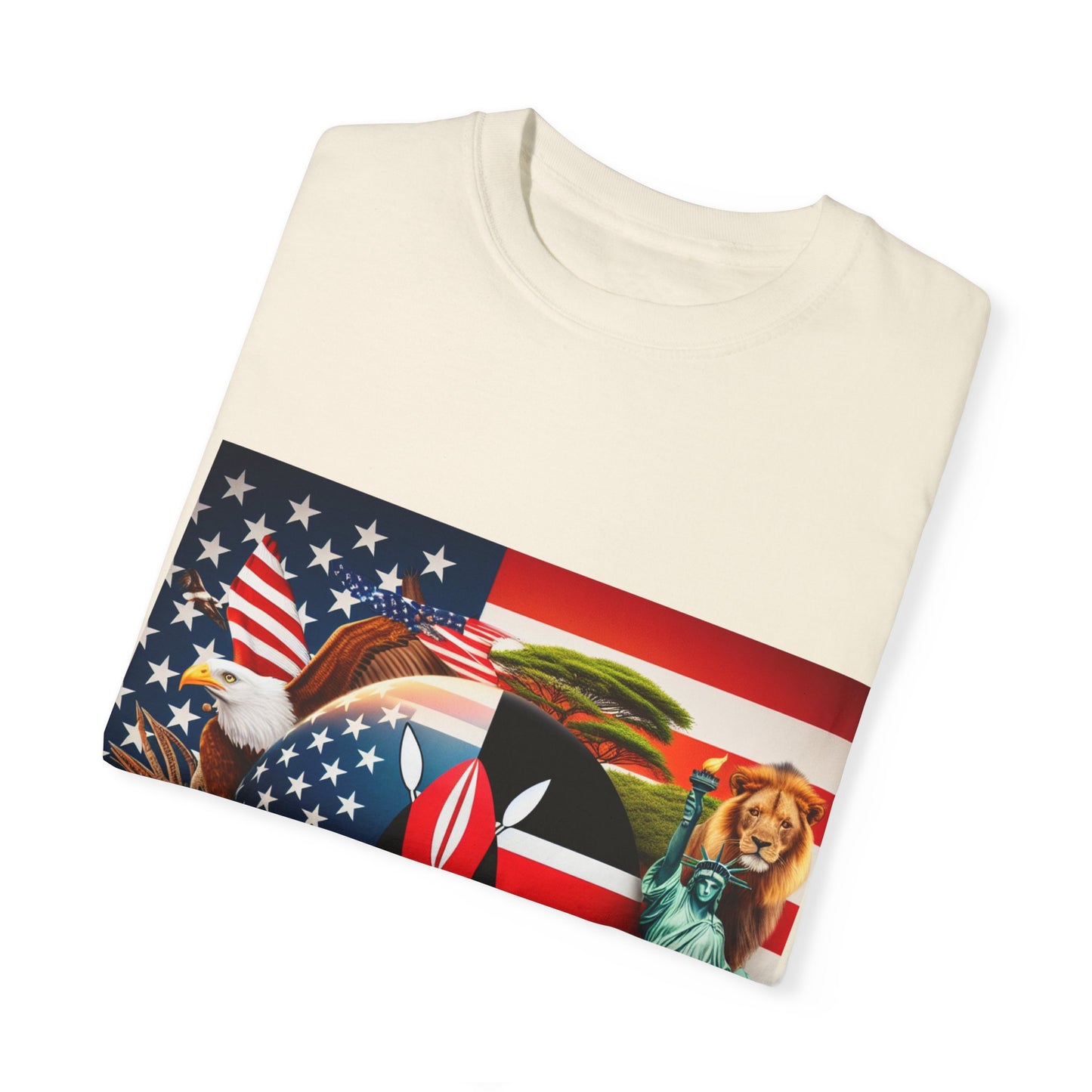 Kenya & USA Collage T-Shirt - Unisex Garment-Dyed Tee, Unique Animal & Flag Design