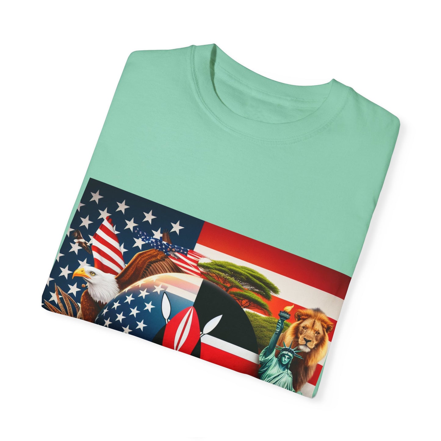 Kenya & USA Collage T-Shirt - Unisex Garment-Dyed Tee, Unique Animal & Flag Design