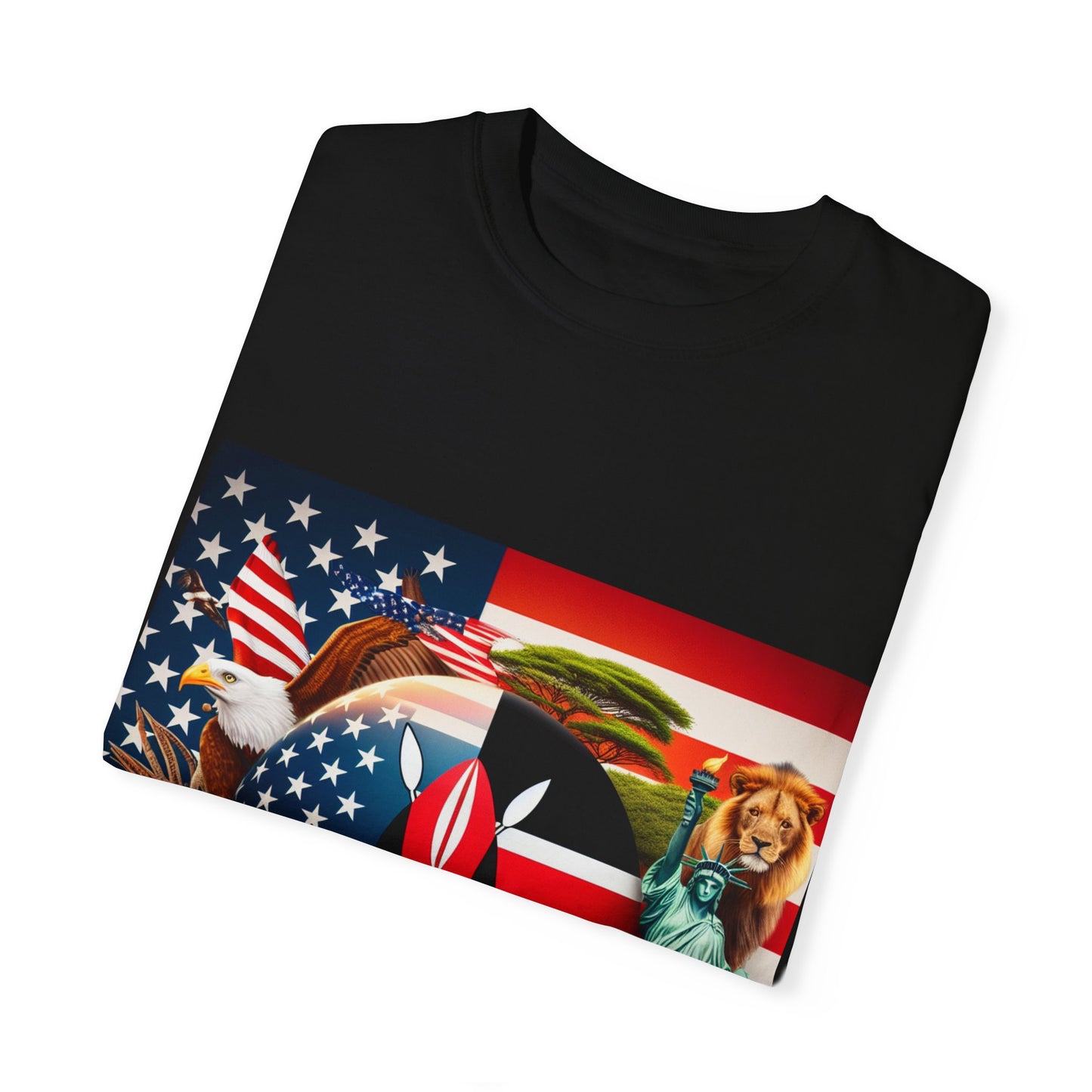 Kenya & USA Collage T-Shirt - Unisex Garment-Dyed Tee, Unique Animal & Flag Design