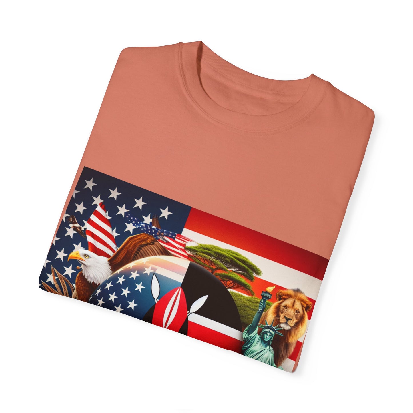 Kenya & USA Collage T-Shirt - Unisex Garment-Dyed Tee, Unique Animal & Flag Design