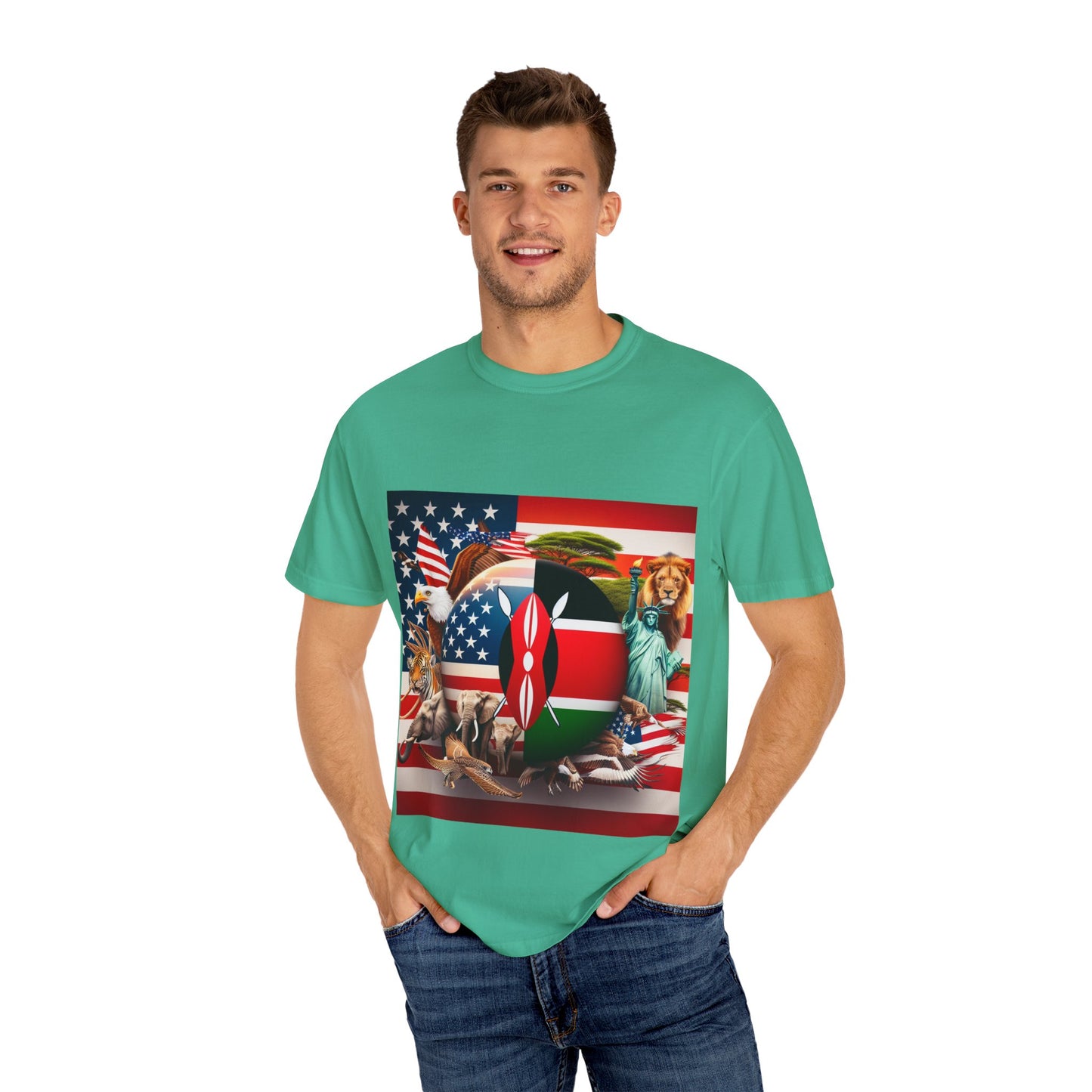 Kenya & USA Collage T-Shirt - Unisex Garment-Dyed Tee, Unique Animal & Flag Design