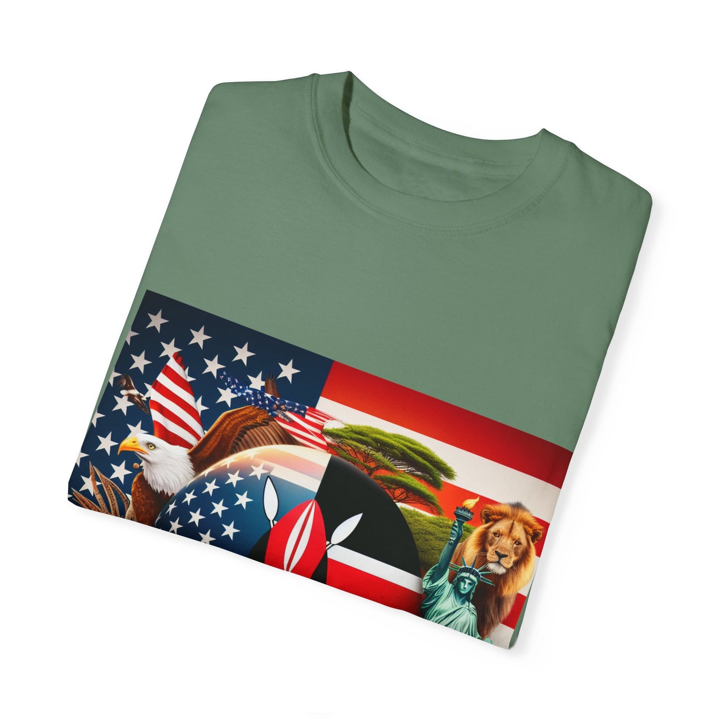 Kenya & USA Collage T-Shirt - Unisex Garment-Dyed Tee, Unique Animal & Flag Design