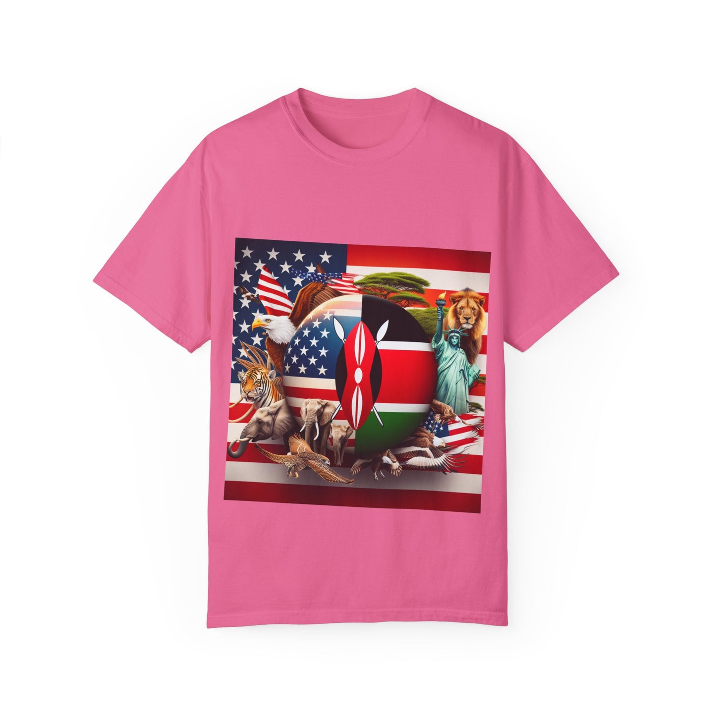 Kenya & USA Collage T-Shirt - Unisex Garment-Dyed Tee, Unique Animal & Flag Design