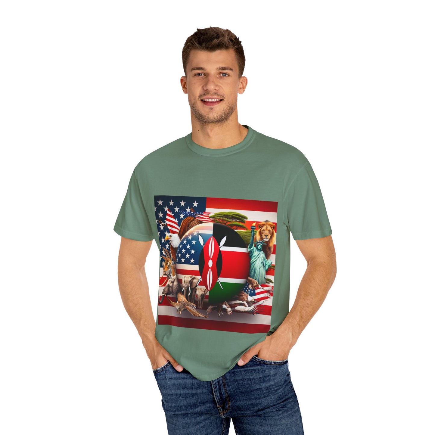 Kenya & USA Collage T-Shirt - Unisex Garment-Dyed Tee, Unique Animal & Flag Design