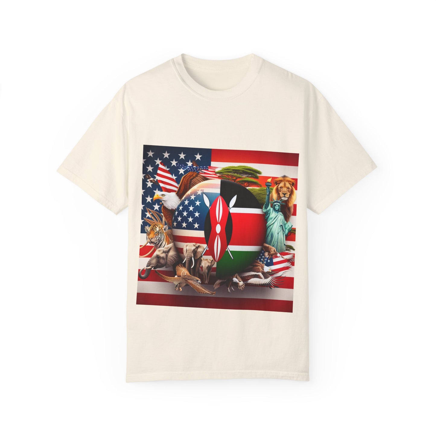 Kenya & USA Collage T-Shirt - Unisex Garment-Dyed Tee, Unique Animal & Flag Design