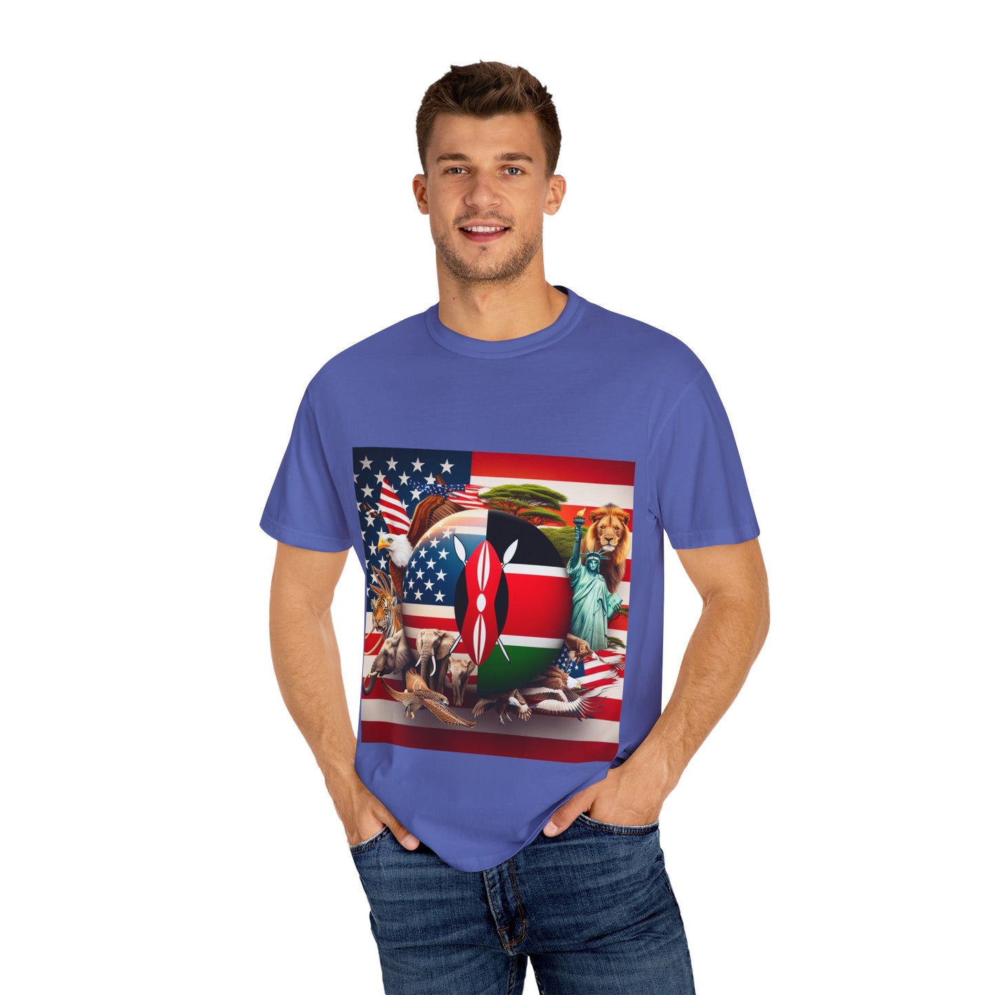 Kenya & USA Collage T-Shirt - Unisex Garment-Dyed Tee, Unique Animal & Flag Design