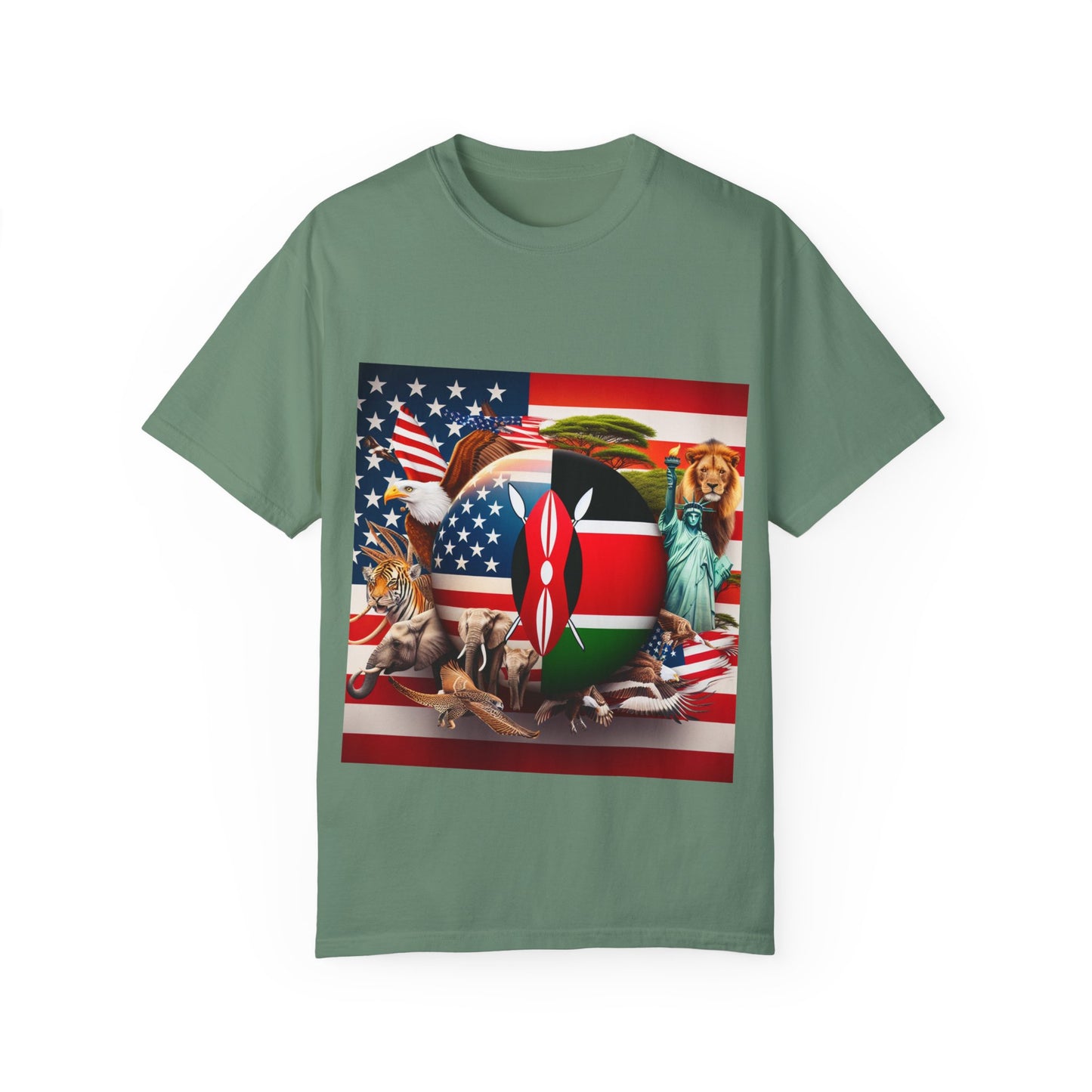 Kenya & USA Collage T-Shirt - Unisex Garment-Dyed Tee, Unique Animal & Flag Design