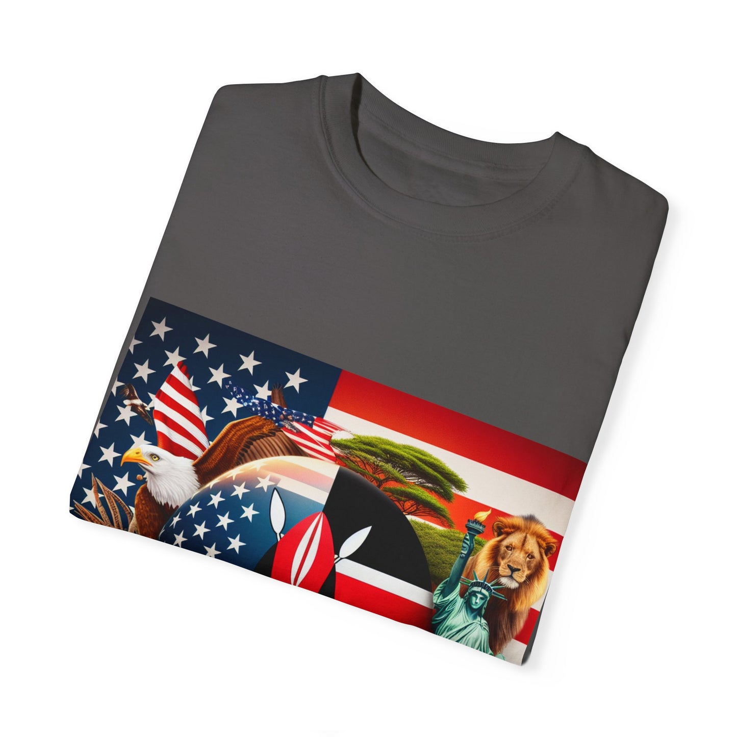 Kenya & USA Collage T-Shirt - Unisex Garment-Dyed Tee, Unique Animal & Flag Design
