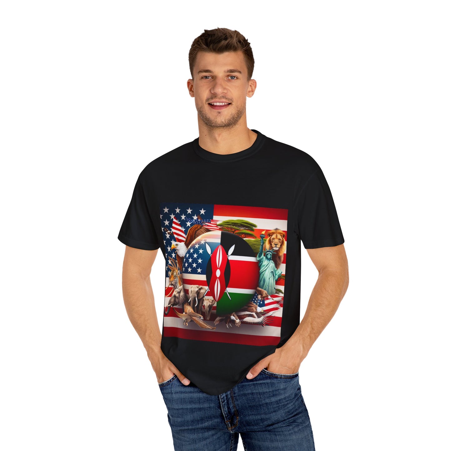 Kenya & USA Collage T-Shirt - Unisex Garment-Dyed Tee, Unique Animal & Flag Design