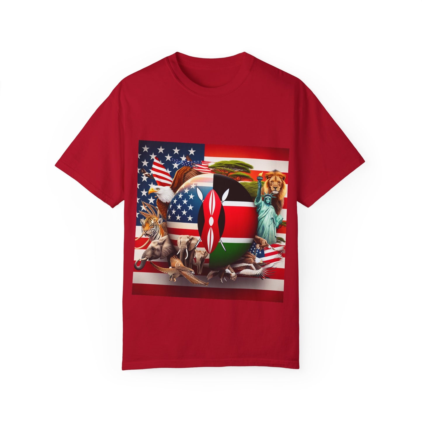 Kenya & USA Collage T-Shirt - Unisex Garment-Dyed Tee, Unique Animal & Flag Design