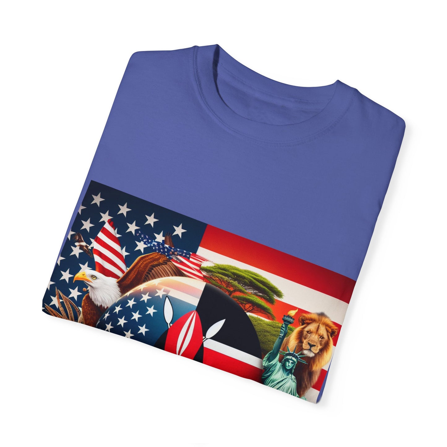 Kenya & USA Collage T-Shirt - Unisex Garment-Dyed Tee, Unique Animal & Flag Design