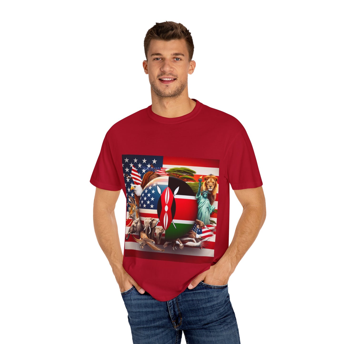 Kenya & USA Collage T-Shirt - Unisex Garment-Dyed Tee, Unique Animal & Flag Design