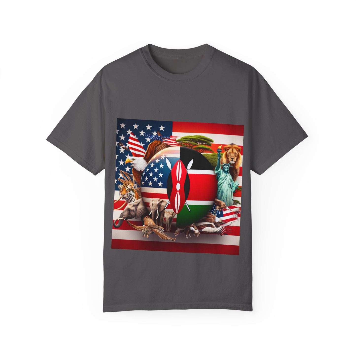Kenya & USA Collage T-Shirt - Unisex Garment-Dyed Tee, Unique Animal & Flag Design