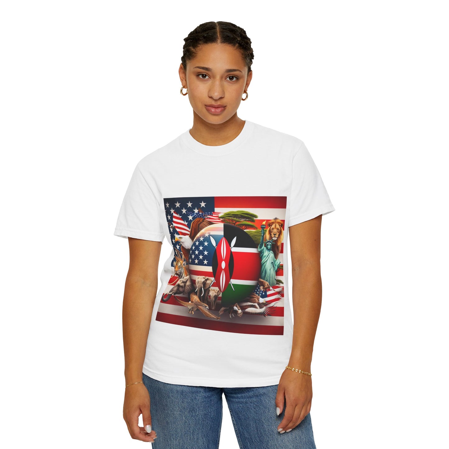 Kenya & USA Collage T-Shirt - Unisex Garment-Dyed Tee, Unique Animal & Flag Design