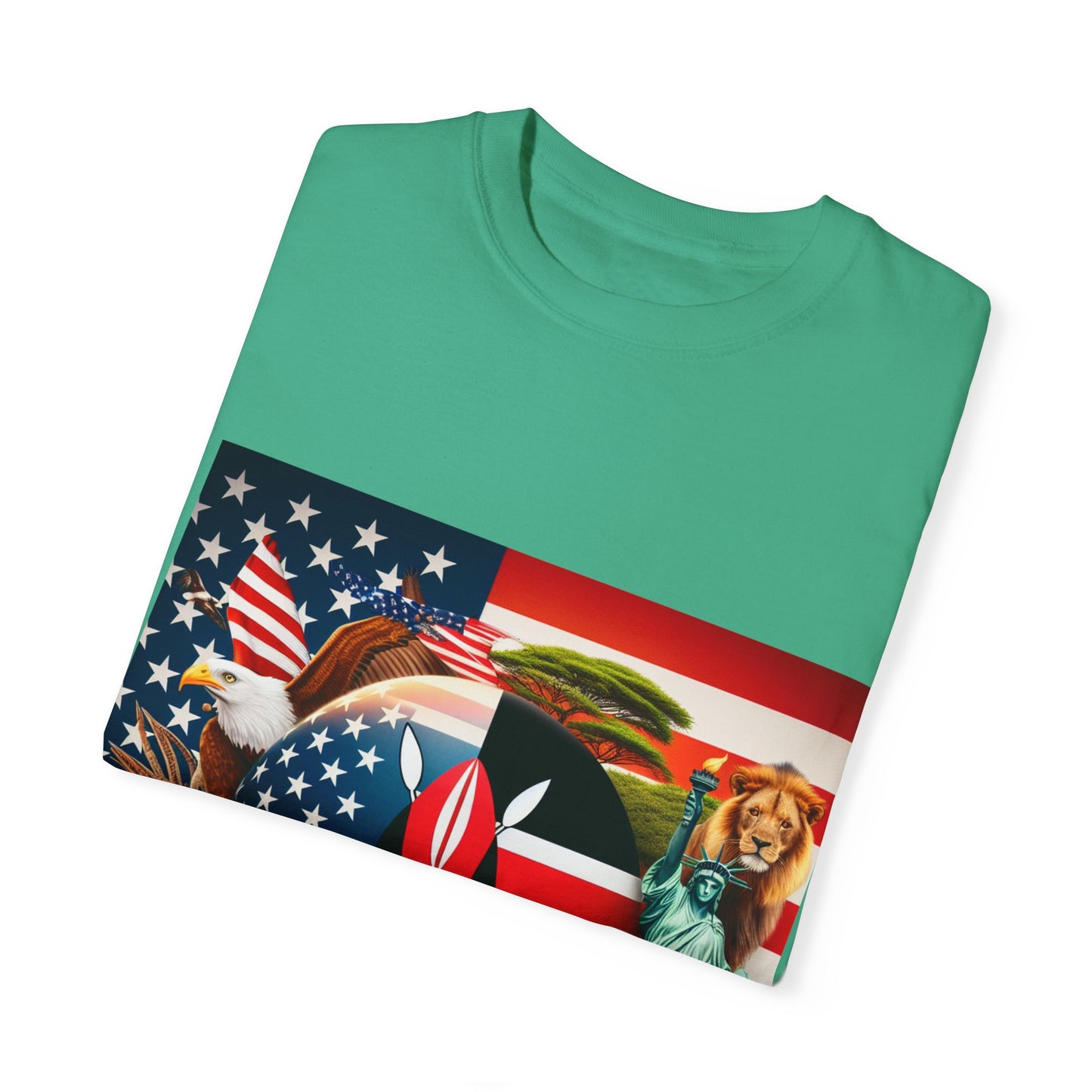 Kenya & USA Collage T-Shirt - Unisex Garment-Dyed Tee, Unique Animal & Flag Design