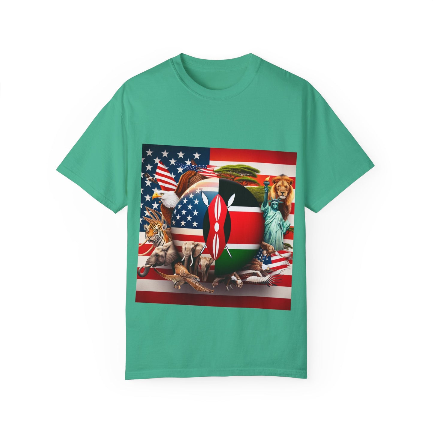 Kenya & USA Collage T-Shirt - Unisex Garment-Dyed Tee, Unique Animal & Flag Design