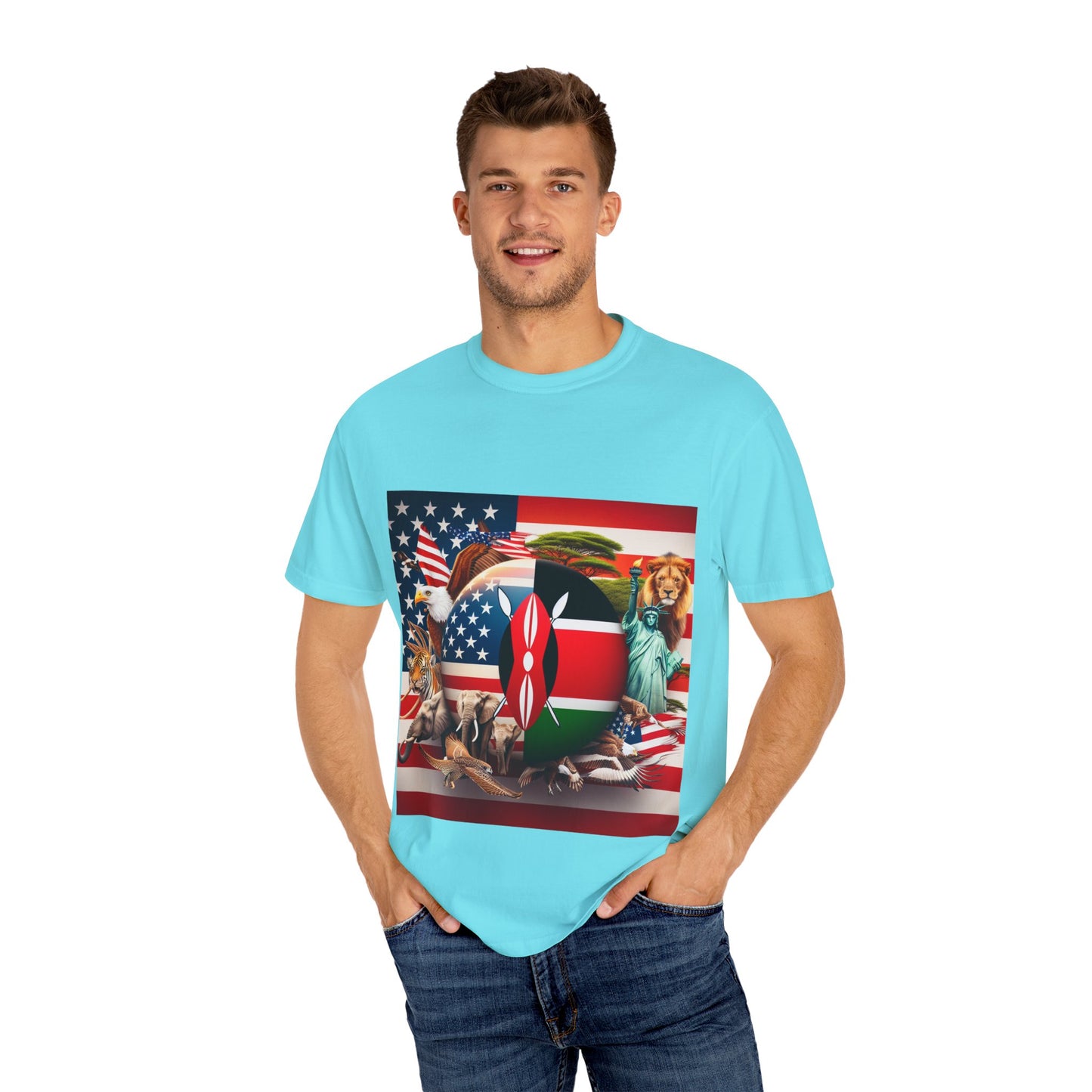Kenya & USA Collage T-Shirt - Unisex Garment-Dyed Tee, Unique Animal & Flag Design