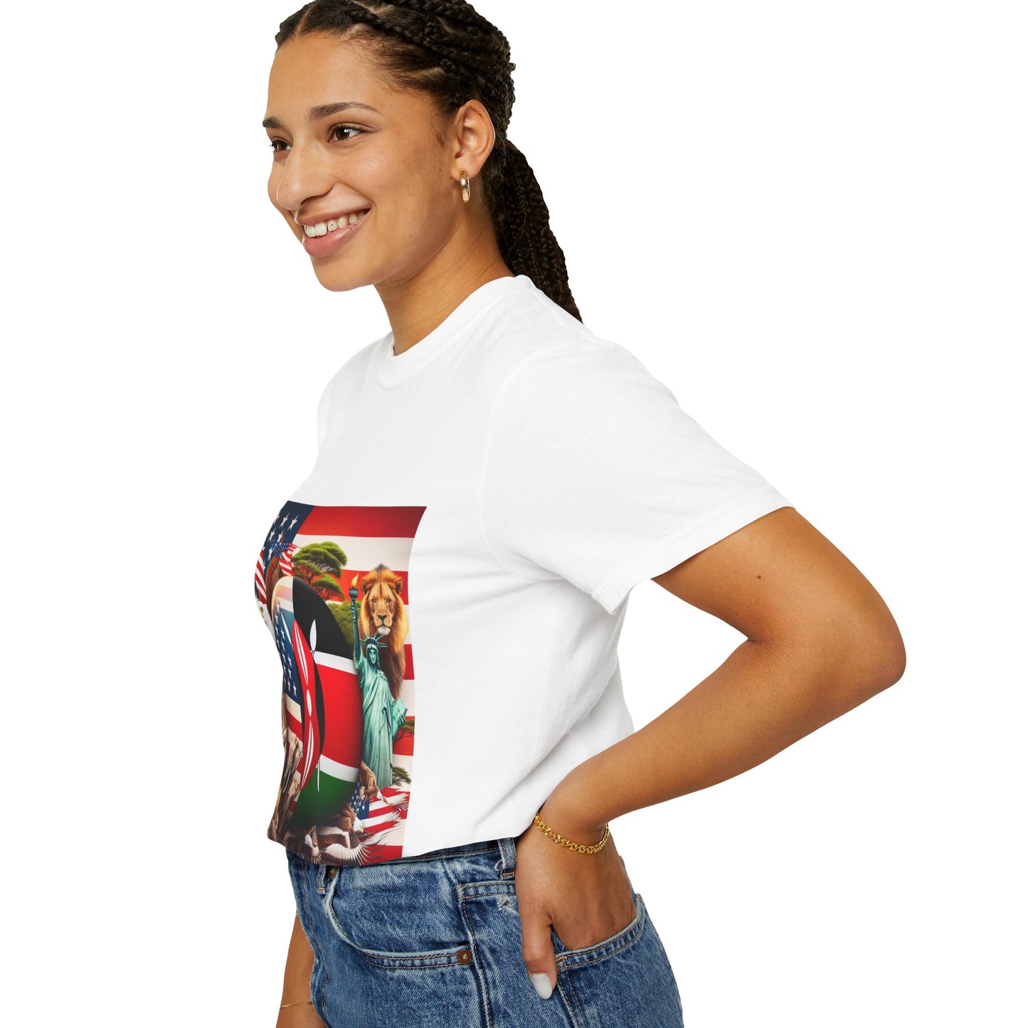 Kenya & USA Collage T-Shirt - Unisex Garment-Dyed Tee, Unique Animal & Flag Design