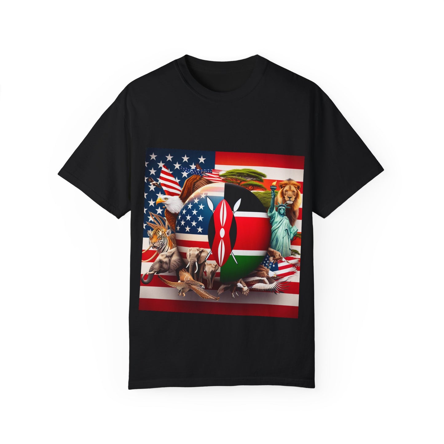 Kenya & USA Collage T-Shirt - Unisex Garment-Dyed Tee, Unique Animal & Flag Design