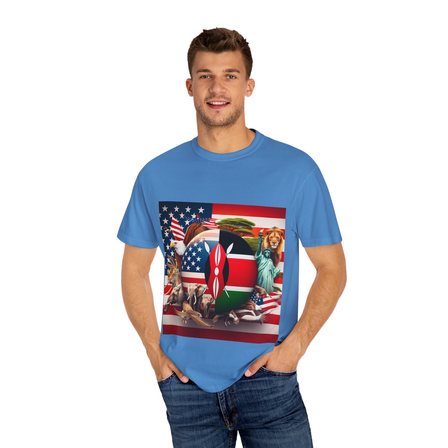 Kenya & USA Collage T-Shirt - Unisex Garment-Dyed Tee, Unique Animal & Flag Design