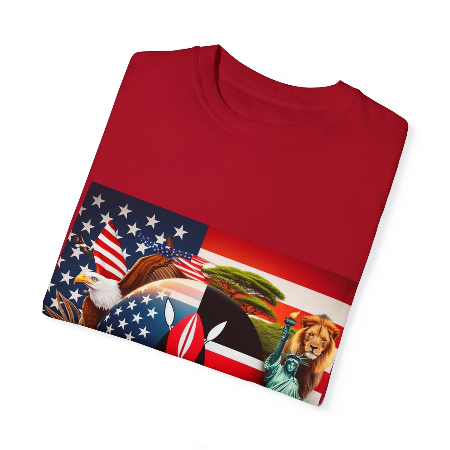 Kenya & USA Collage T-Shirt - Unisex Garment-Dyed Tee, Unique Animal & Flag Design