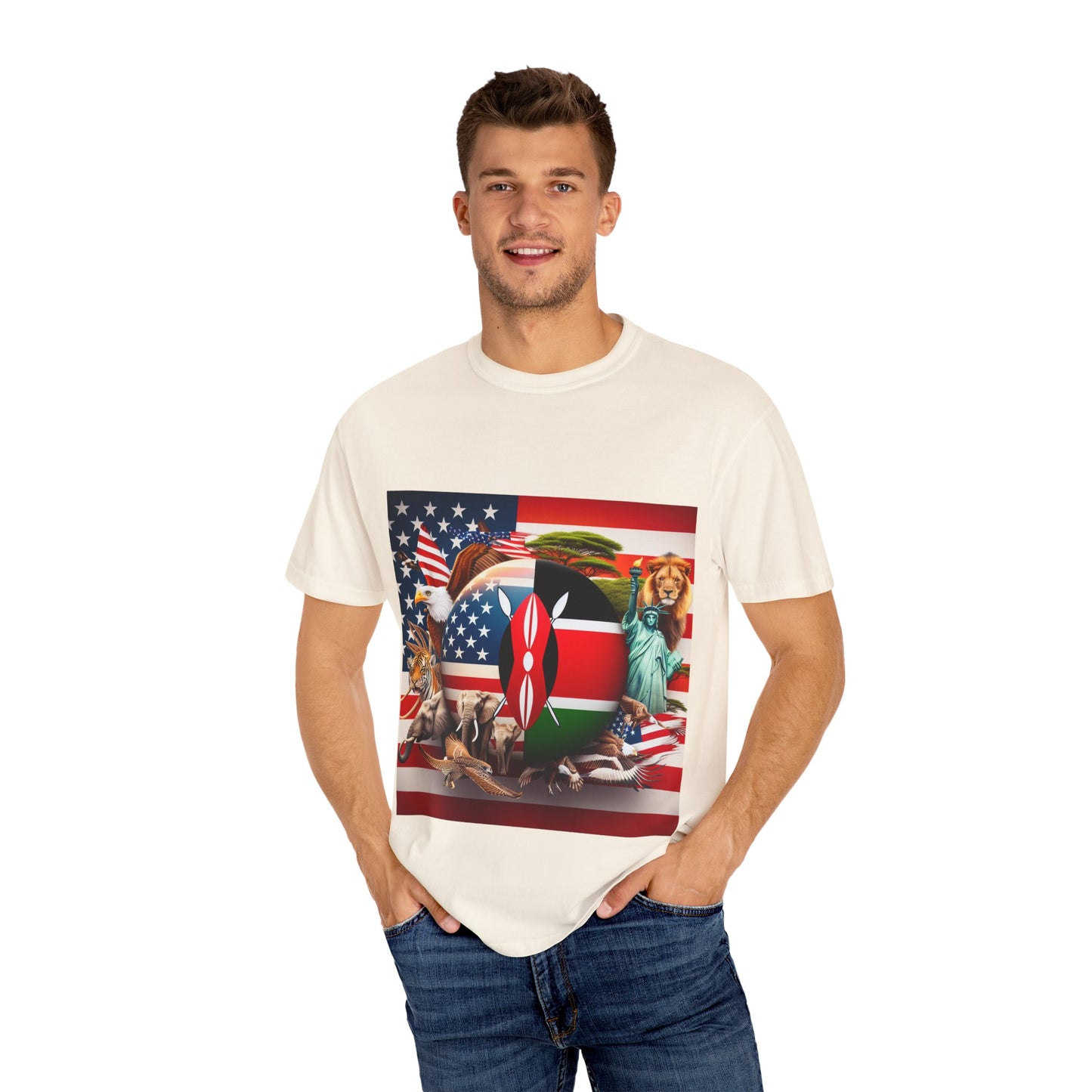 Kenya & USA Collage T-Shirt - Unisex Garment-Dyed Tee, Unique Animal & Flag Design