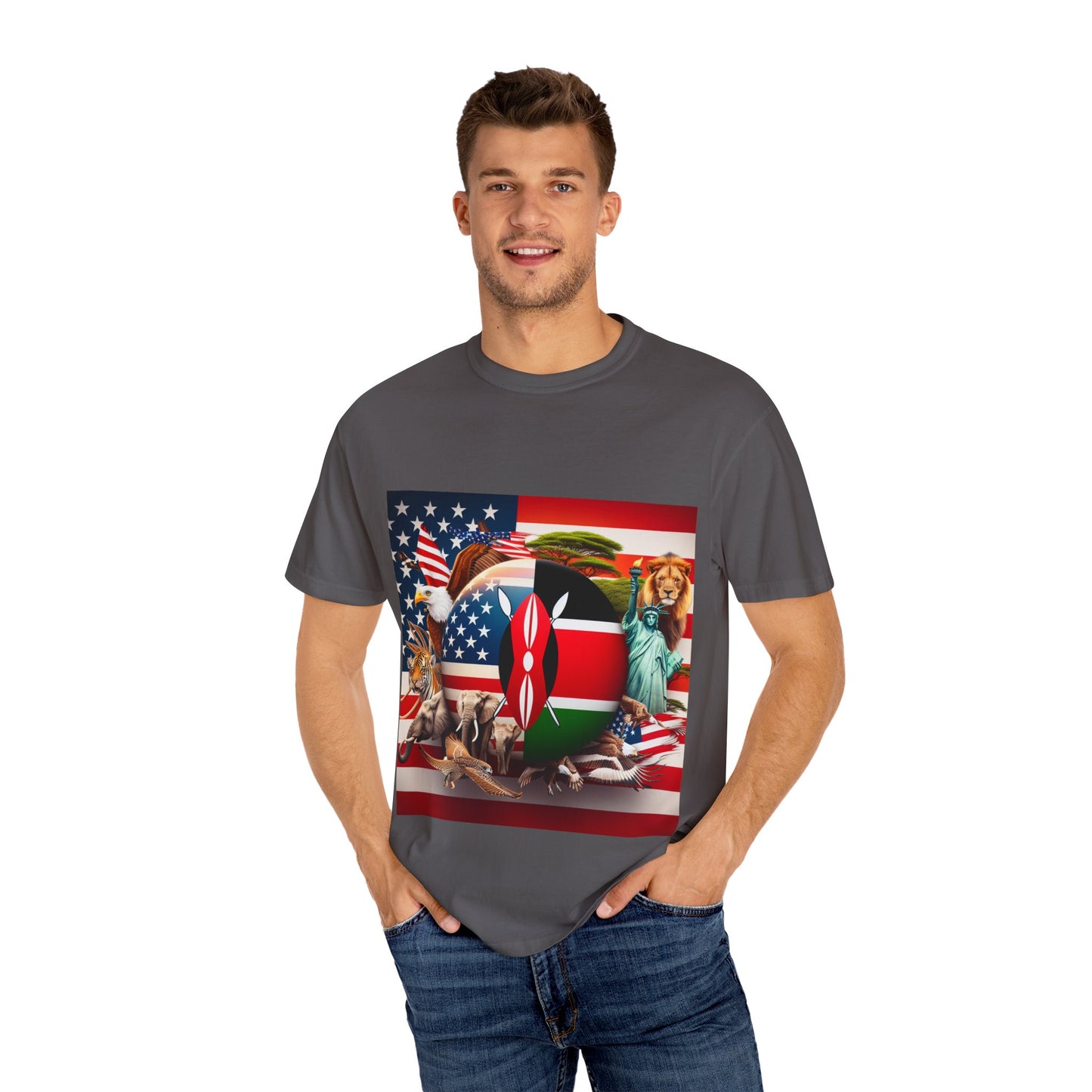 Kenya & USA Collage T-Shirt - Unisex Garment-Dyed Tee, Unique Animal & Flag Design