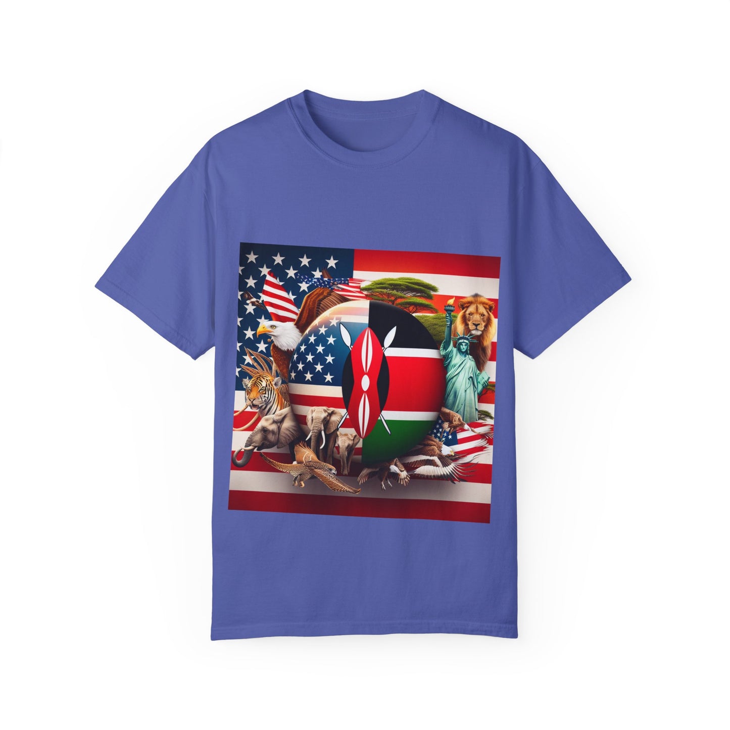 Kenya & USA Collage T-Shirt - Unisex Garment-Dyed Tee, Unique Animal & Flag Design