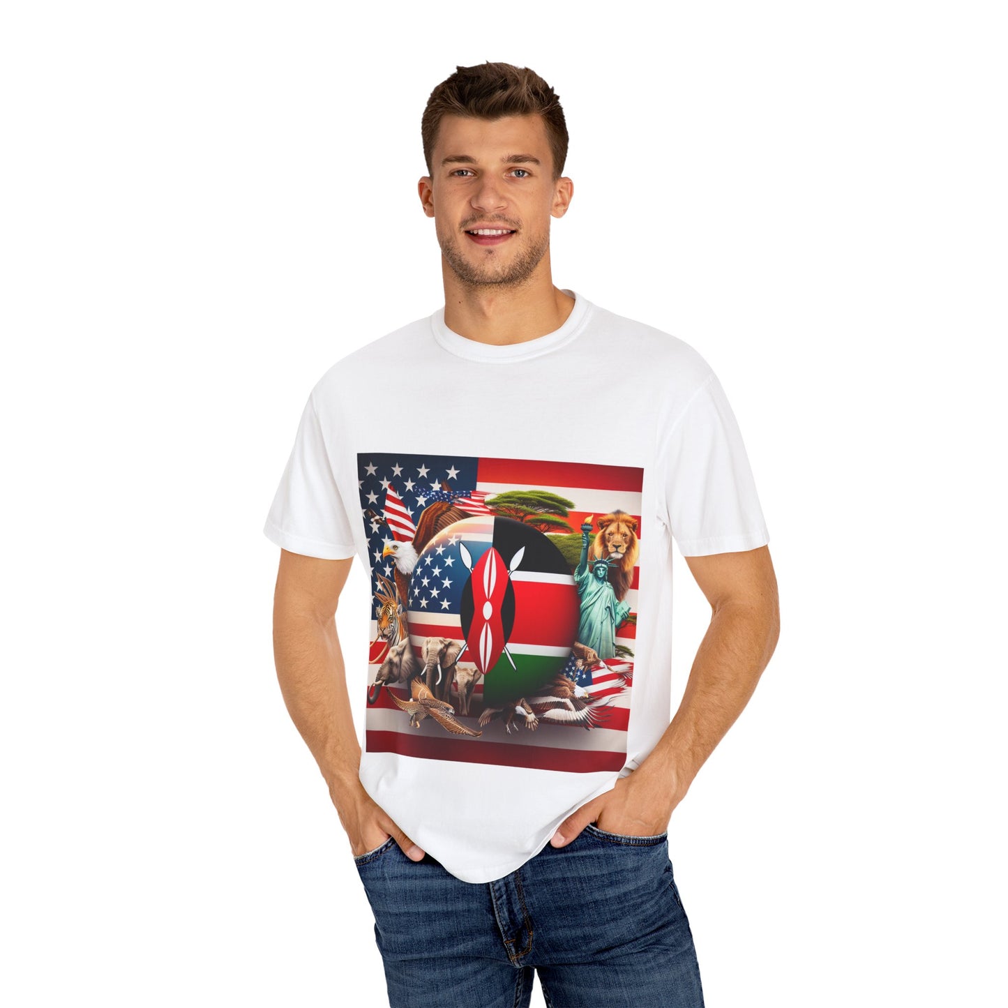 Kenya & USA Collage T-Shirt - Unisex Garment-Dyed Tee, Unique Animal & Flag Design