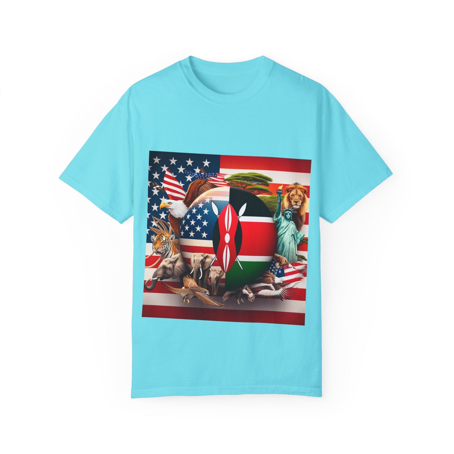 Kenya & USA Collage T-Shirt - Unisex Garment-Dyed Tee, Unique Animal & Flag Design