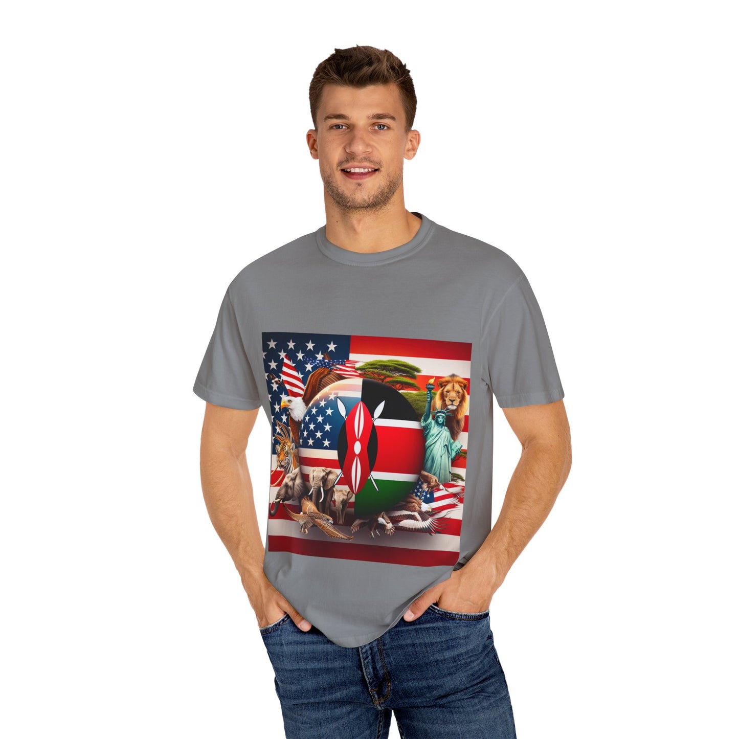 Kenya & USA Collage T-Shirt - Unisex Garment-Dyed Tee, Unique Animal & Flag Design
