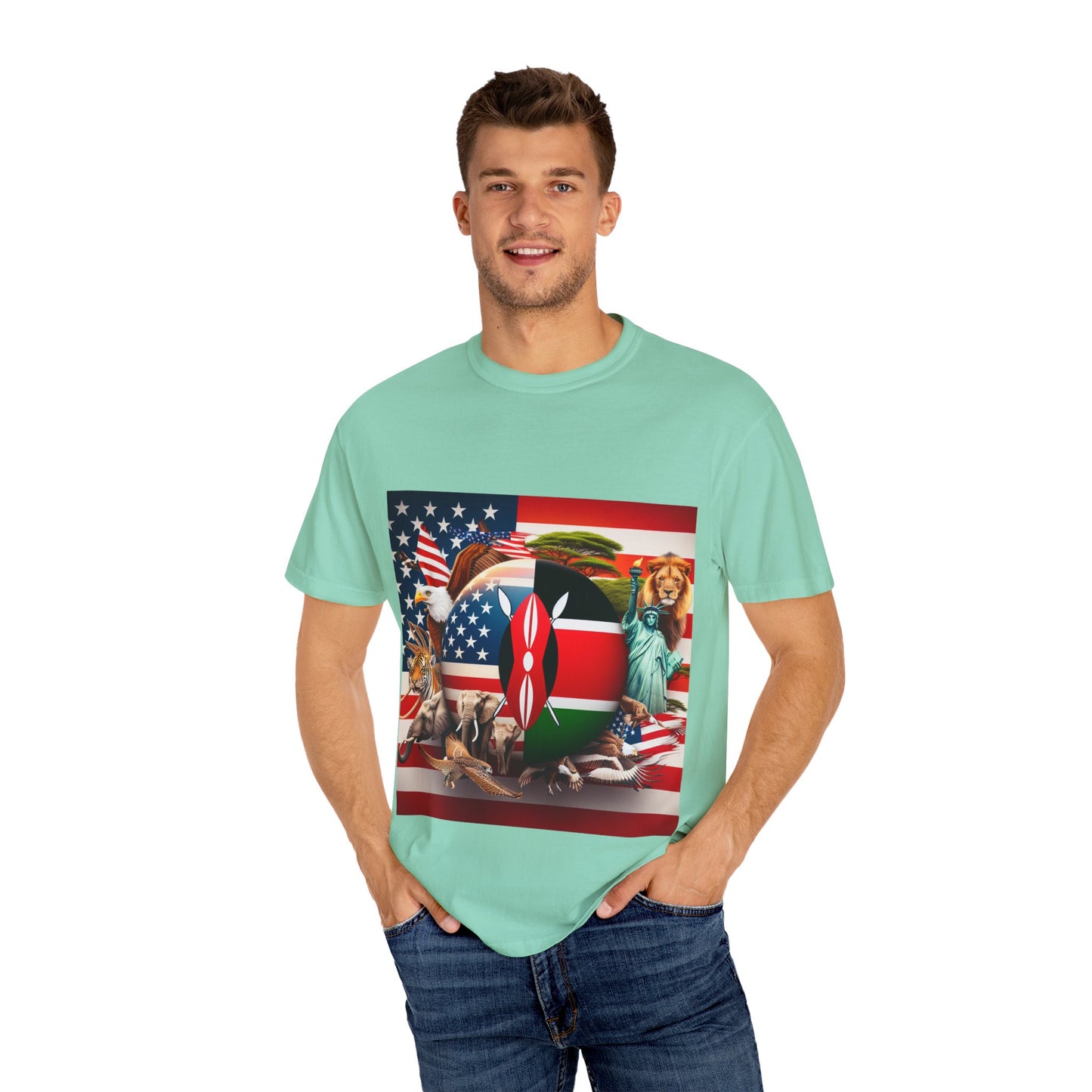 Kenya & USA Collage T-Shirt - Unisex Garment-Dyed Tee, Unique Animal & Flag Design