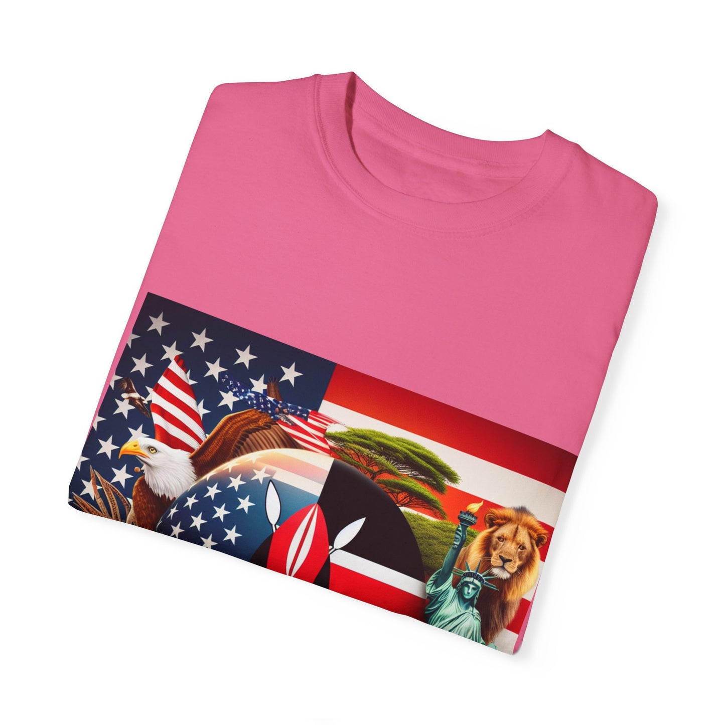 Kenya & USA Collage T-Shirt - Unisex Garment-Dyed Tee, Unique Animal & Flag Design