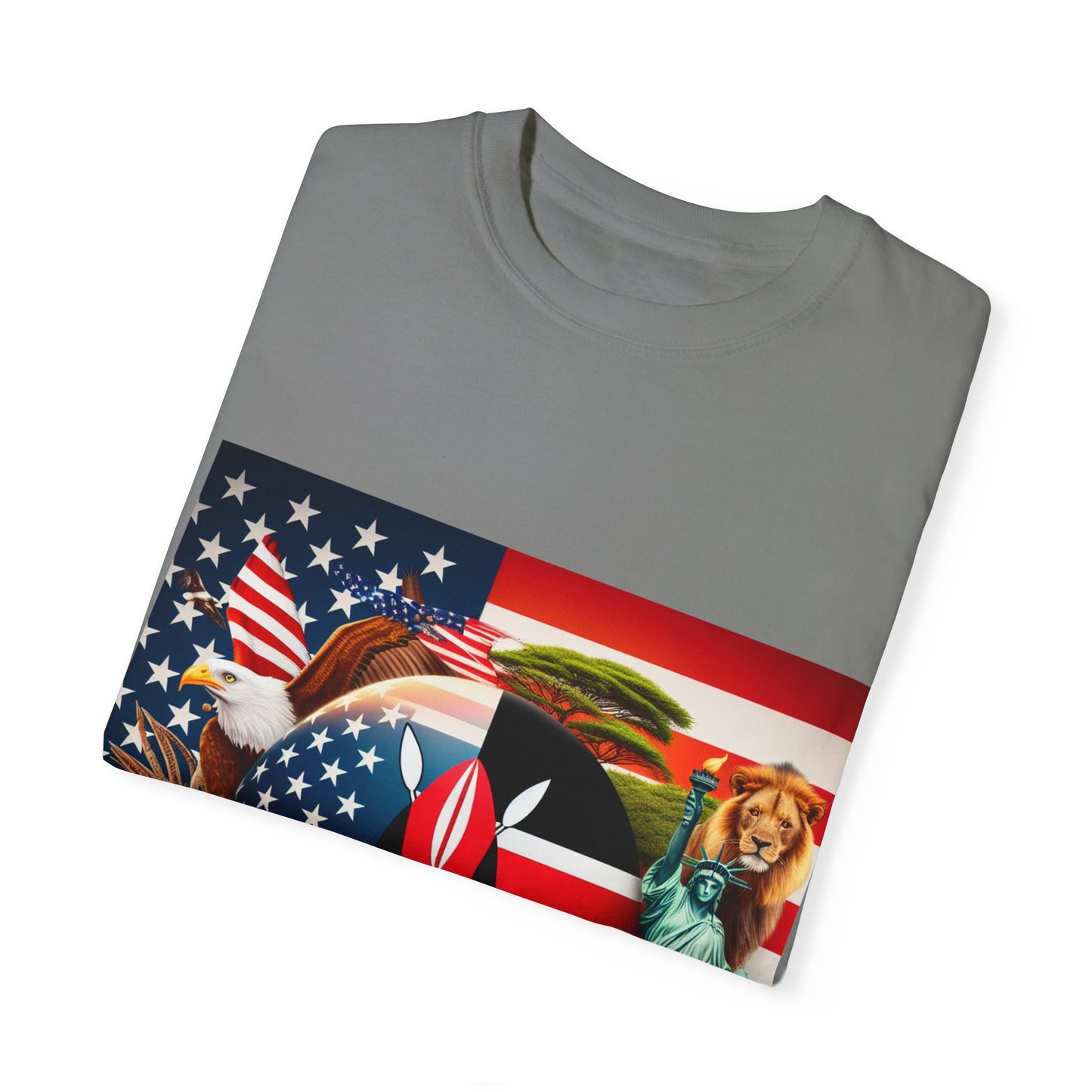 Kenya & USA Collage T-Shirt - Unisex Garment-Dyed Tee, Unique Animal & Flag Design