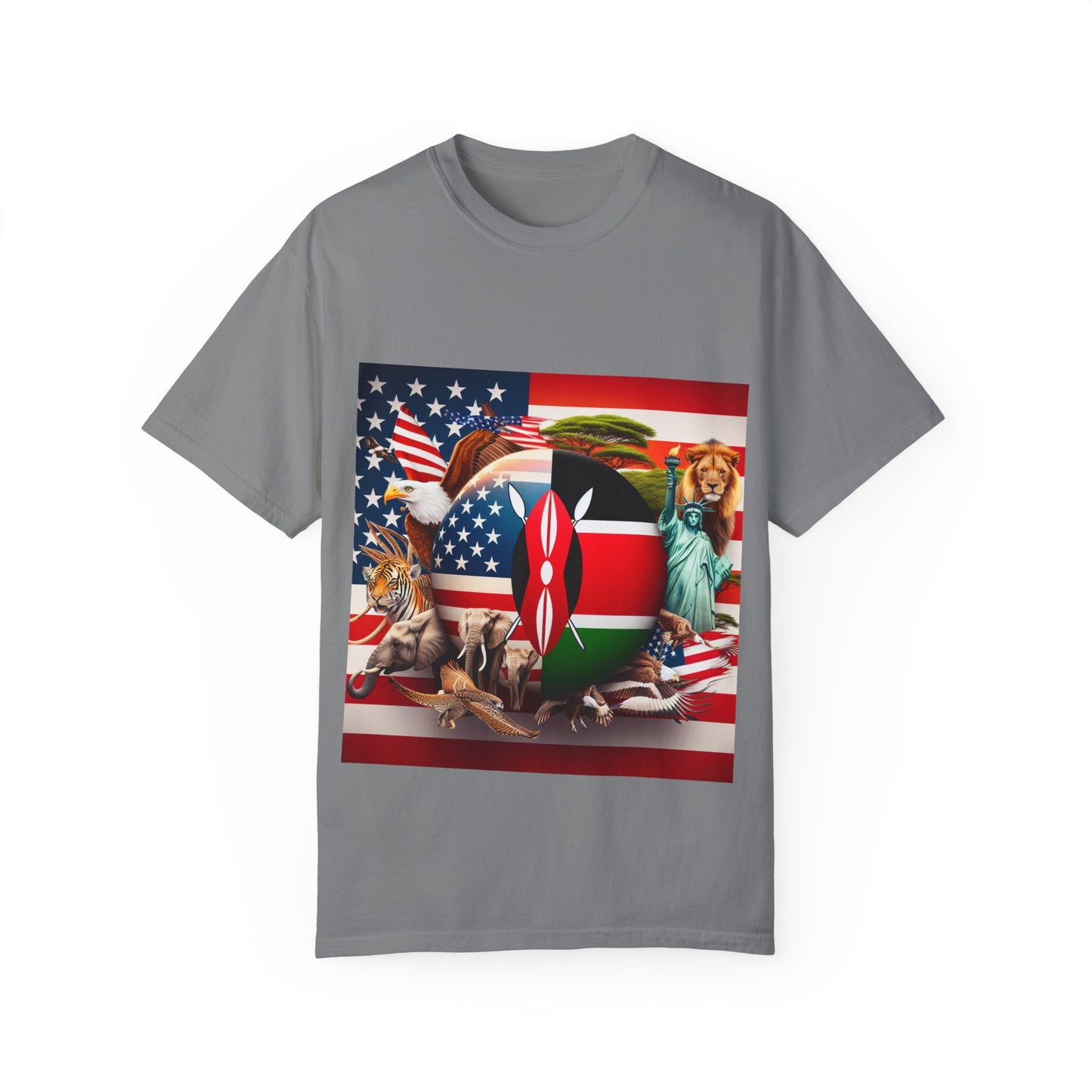 Kenya & USA Collage T-Shirt - Unisex Garment-Dyed Tee, Unique Animal & Flag Design