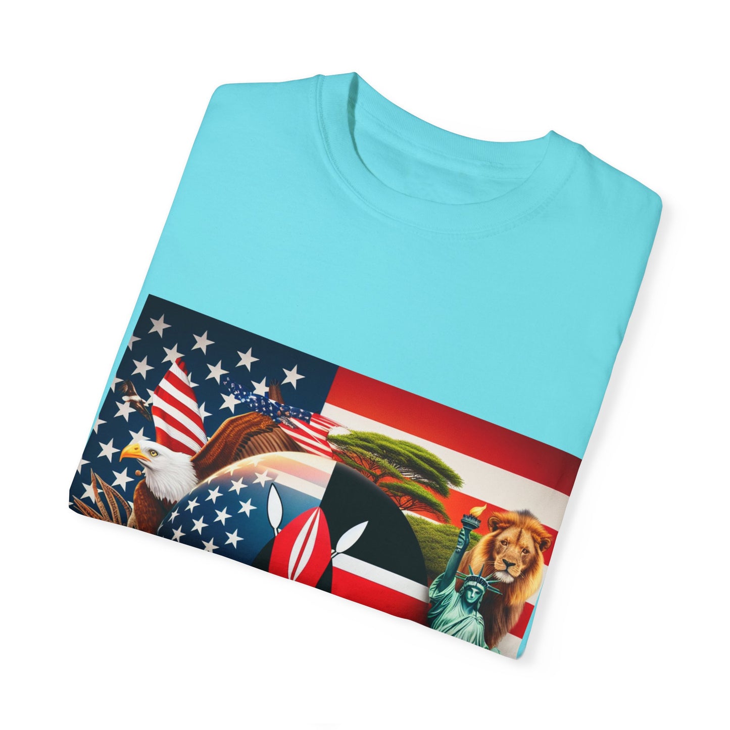 Kenya & USA Collage T-Shirt - Unisex Garment-Dyed Tee, Unique Animal & Flag Design