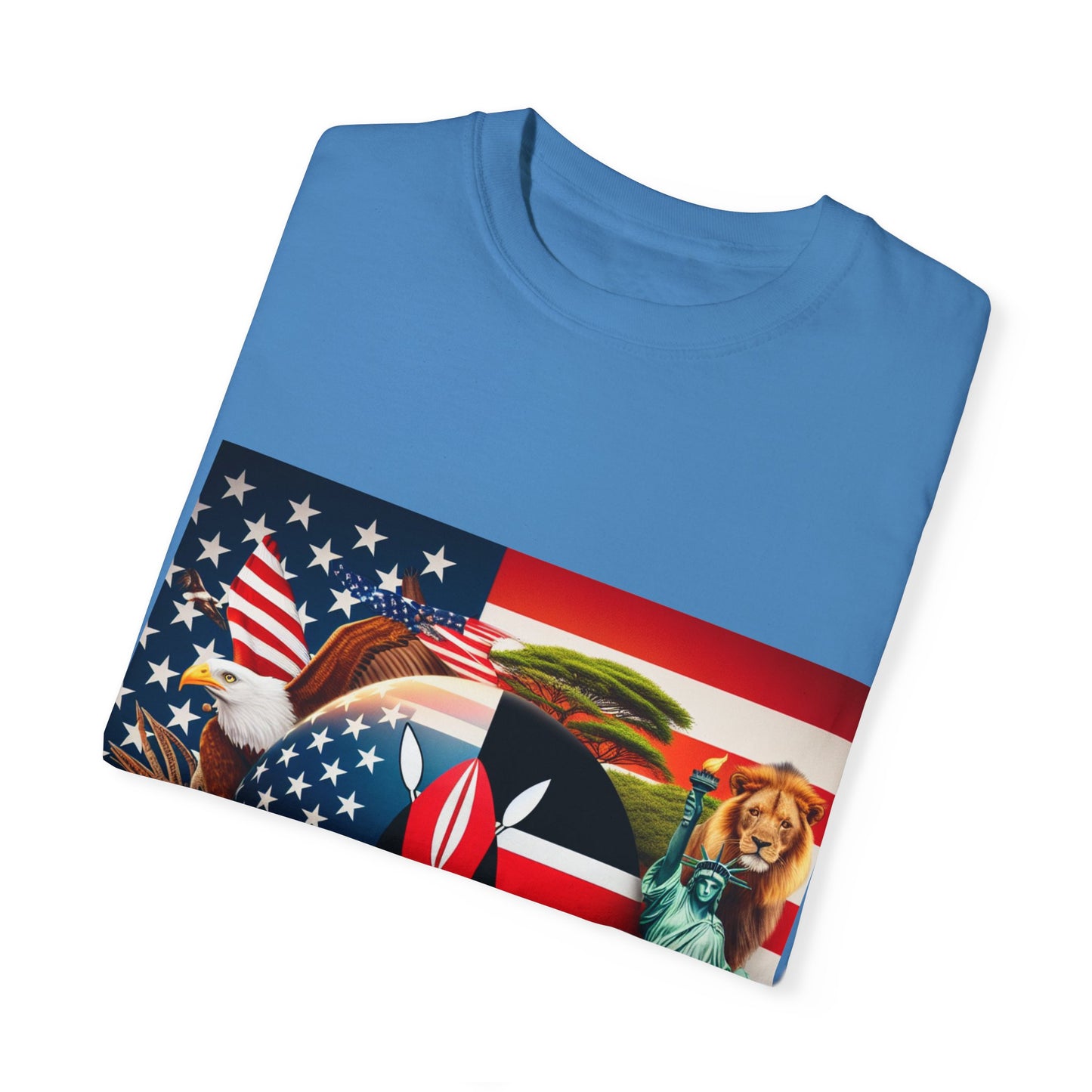 Kenya & USA Collage T-Shirt - Unisex Garment-Dyed Tee, Unique Animal & Flag Design
