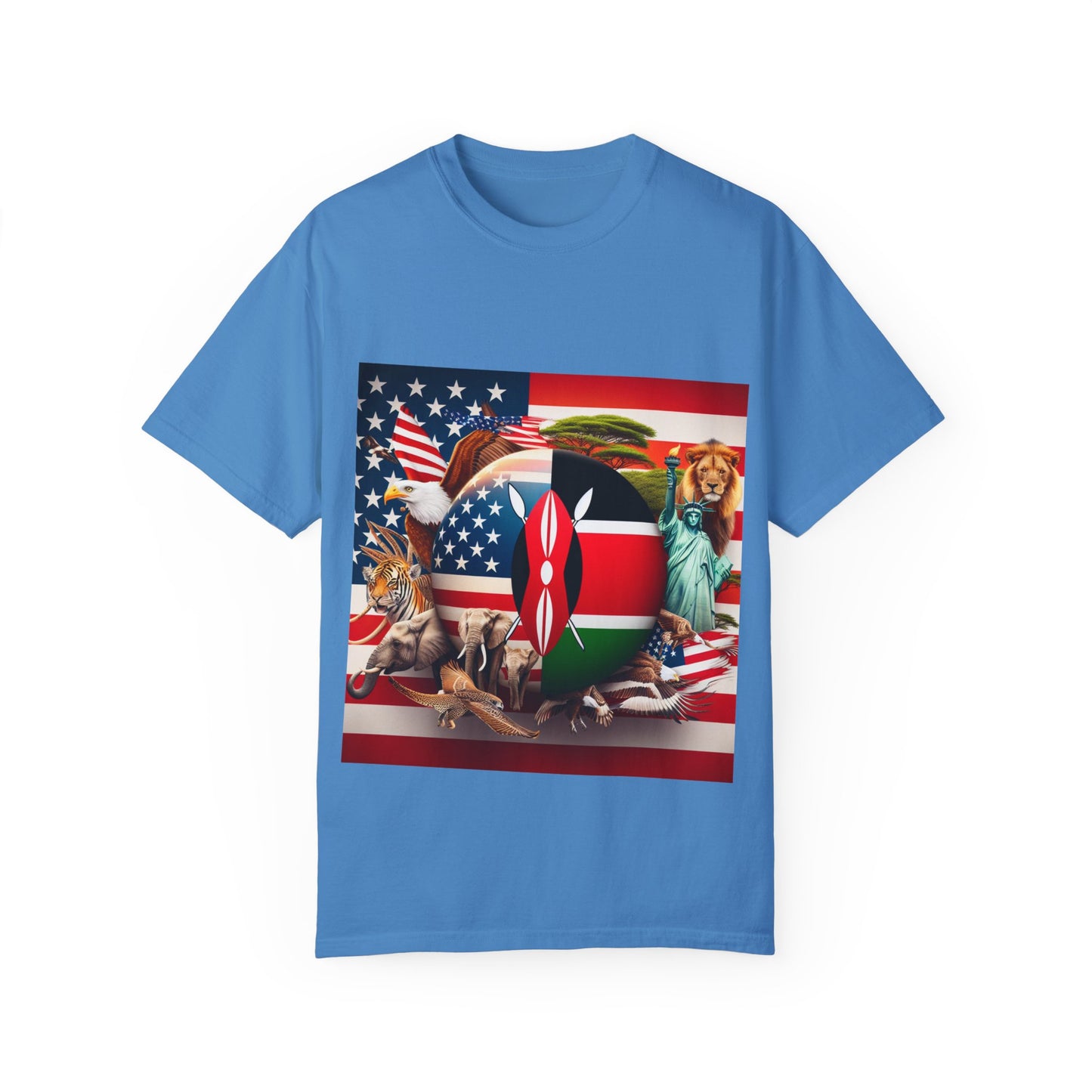 Kenya & USA Collage T-Shirt - Unisex Garment-Dyed Tee, Unique Animal & Flag Design