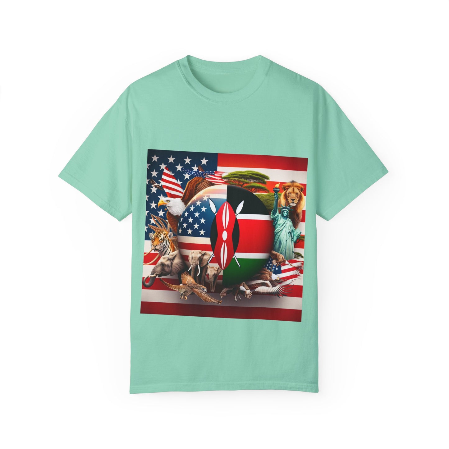 Kenya & USA Collage T-Shirt - Unisex Garment-Dyed Tee, Unique Animal & Flag Design