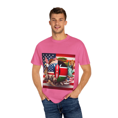 Kenya & USA Collage T-Shirt - Unisex Garment-Dyed Tee, Unique Animal & Flag Design
