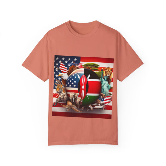 Kenya & USA Collage T-Shirt - Unisex Garment-Dyed Tee, Unique Animal & Flag Design