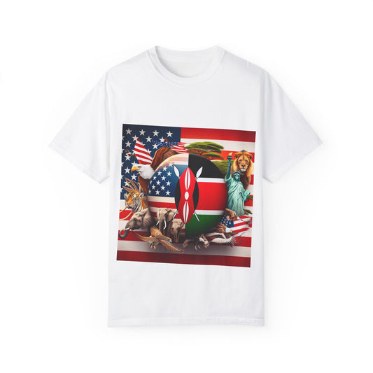 Kenya & USA Collage T-Shirt - Unisex Garment-Dyed Tee, Unique Animal & Flag Design