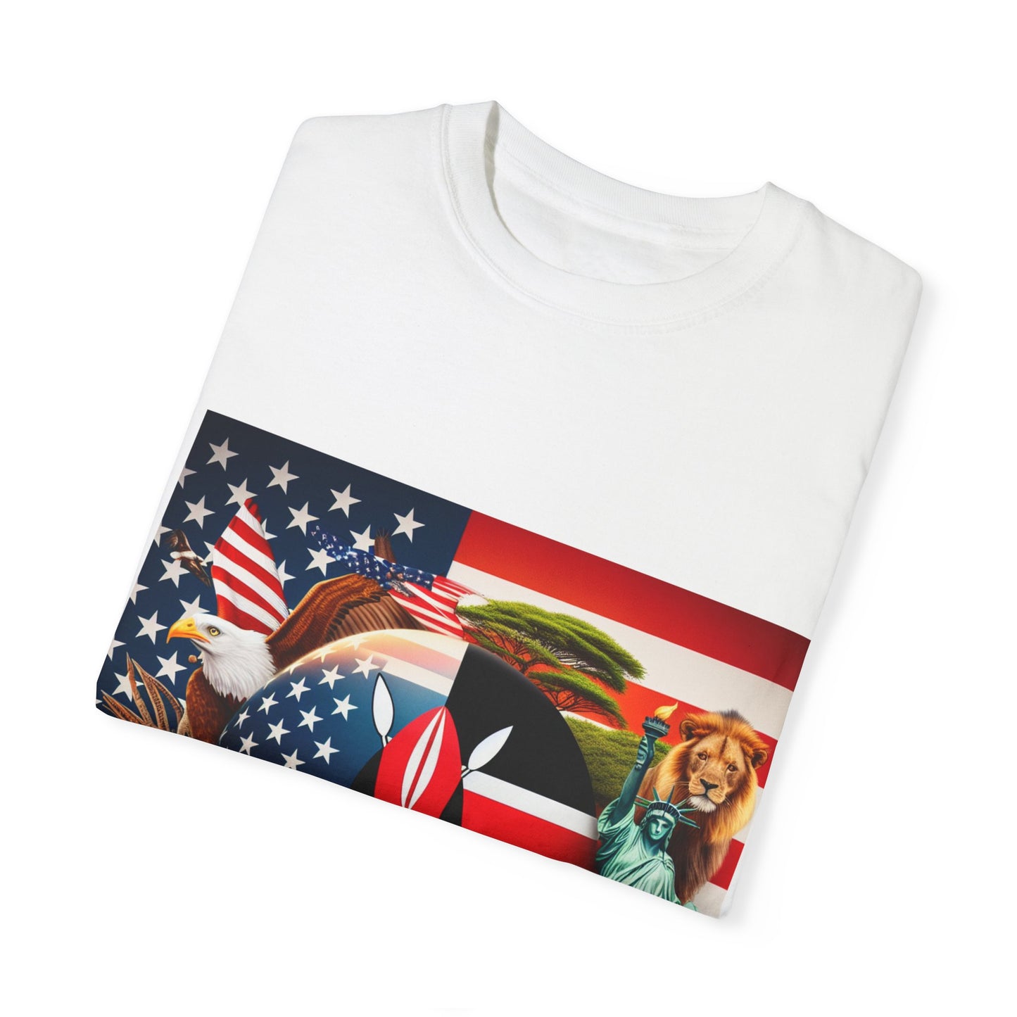 Kenya & USA Collage T-Shirt - Unisex Garment-Dyed Tee, Unique Animal & Flag Design