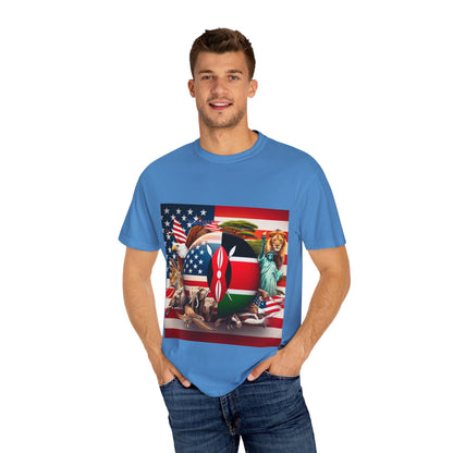 Kenya & USA Collage T-Shirt - Unisex Garment-Dyed Tee, Unique Animal & Flag Design