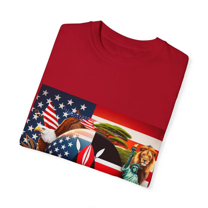 Kenya & USA Collage T-Shirt - Unisex Garment-Dyed Tee, Unique Animal & Flag Design