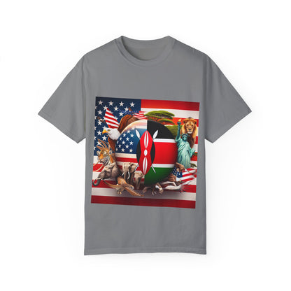 Kenya & USA Collage T-Shirt - Unisex Garment-Dyed Tee, Unique Animal & Flag Design