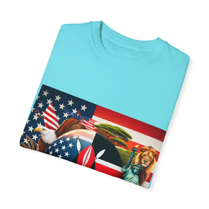 Kenya & USA Collage T-Shirt - Unisex Garment-Dyed Tee, Unique Animal & Flag Design