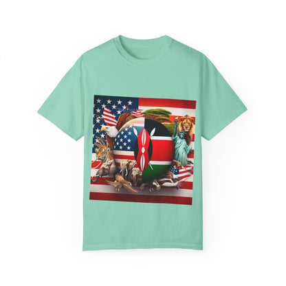Kenya & USA Collage T-Shirt - Unisex Garment-Dyed Tee, Unique Animal & Flag Design